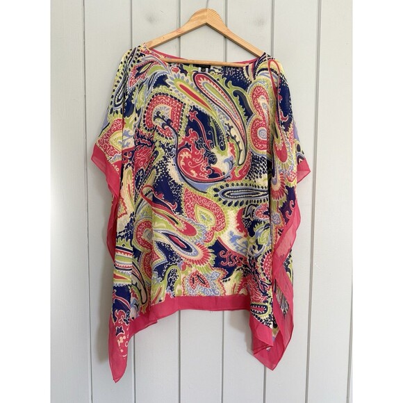 Talbots Ruana Poncho L/XL 100% Silk Pink Blue Paisley Sheer Boat Neck - Picture 1 of 6